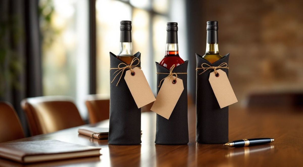 Three bottles in black felt gift sleeves with blank kraft tags on a boardroom table