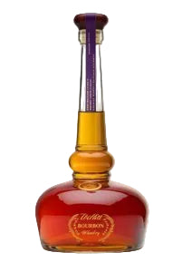 A bottle of Willett Cask strength Bourbon Whiskey with a dark amber-brown glass body, golden amber neck, and a purple neck label, shown on a white and gray checkered background.
