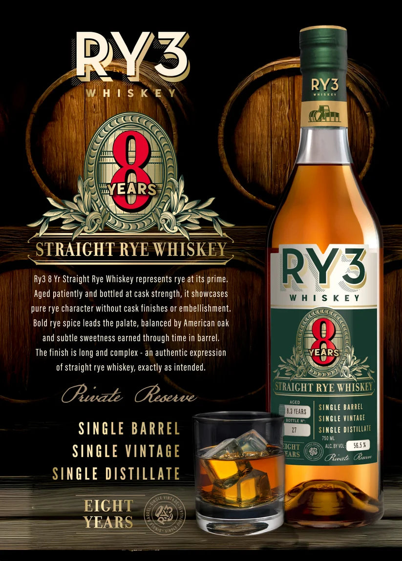 RY3 Whiskey 8 years straight Rye Whiskey 750 ML