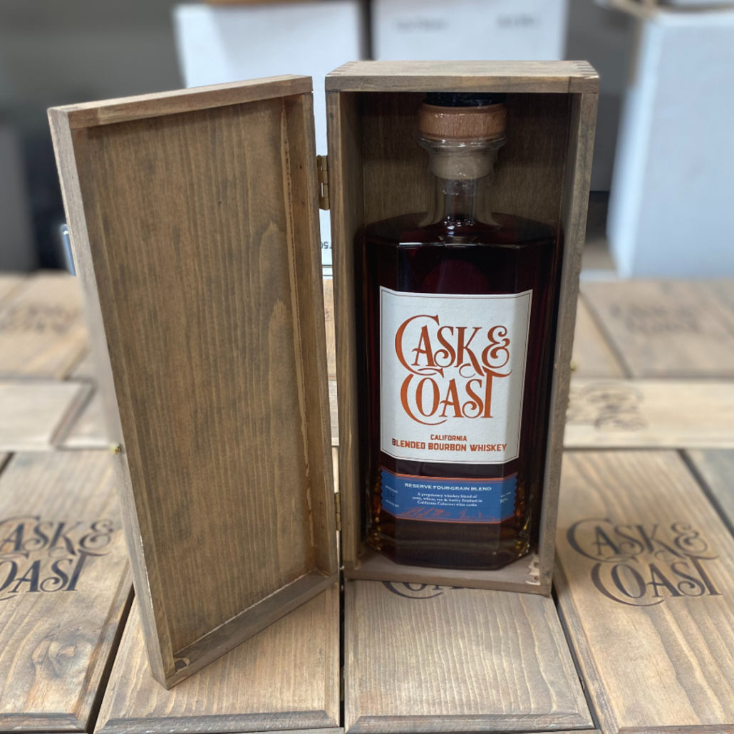 Cask and Coast California Blended Reserve Four Grain Whiskey with wood gift box