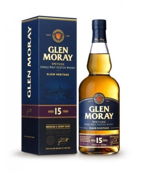 Glen Moray Speyside Single Malt Scotch Whisky Elgin Heritage American and Sherry Cask 15 year 750 ml