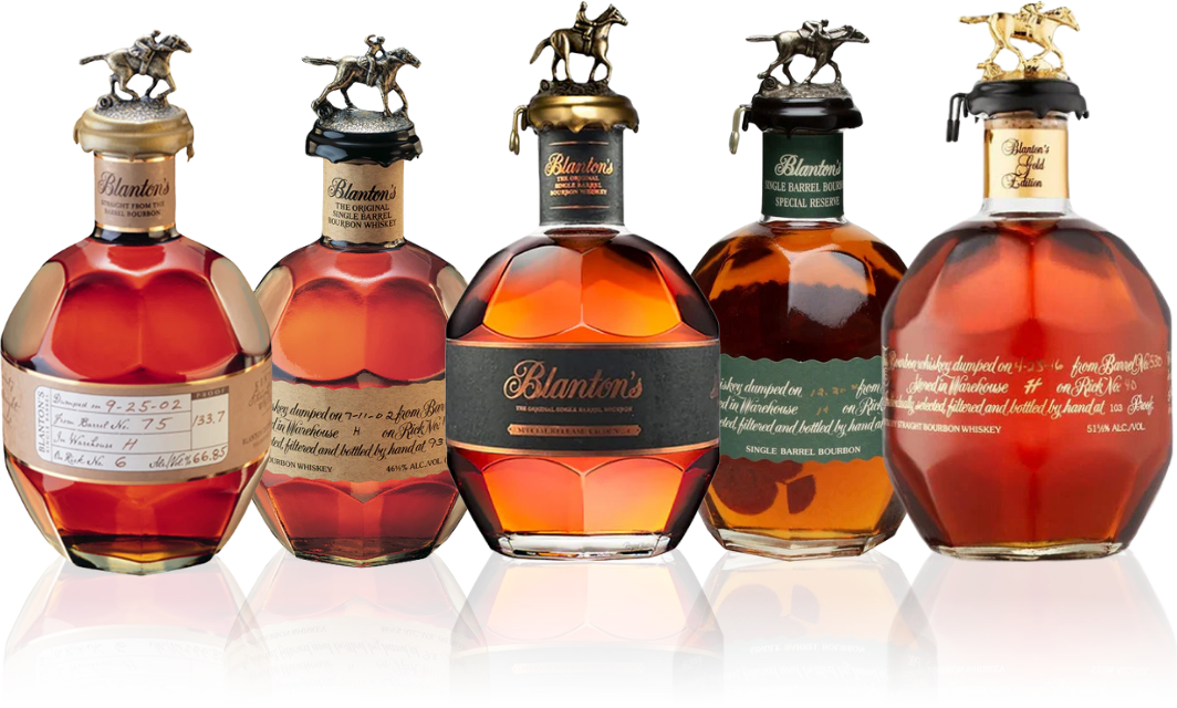 Five Blanton's Single Barrel Bourbon expressions: Straight From The Barrel, Original Single Barrel, Special Release Char No. 4, Special Reserve and Gold Edition