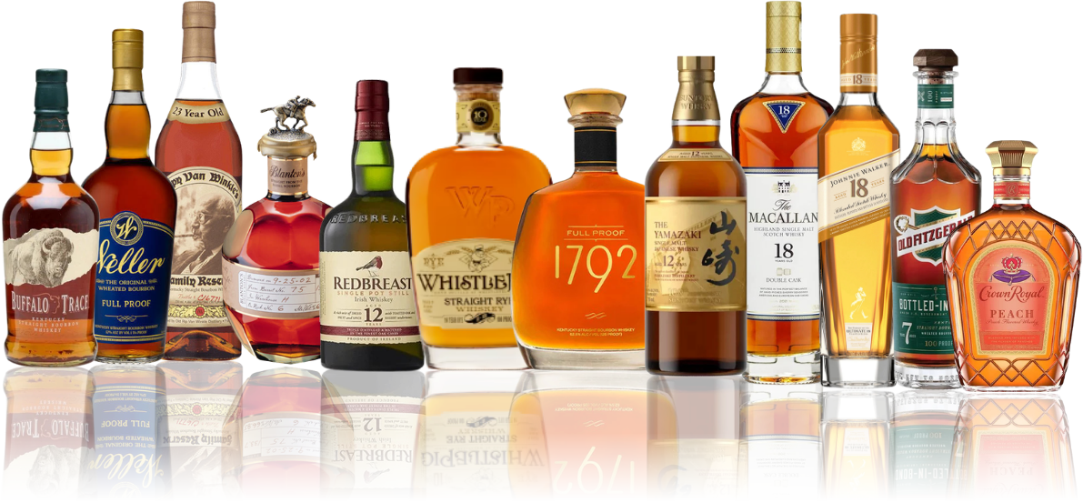 A row of whiskey bottles spanning bourbon, rye, Irish, Japanese and Scotch